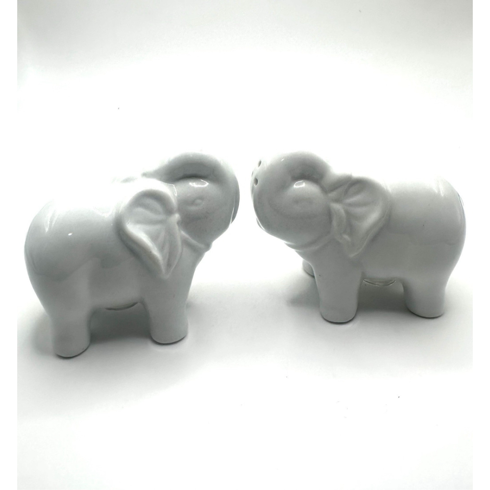Ceramic White Elephant Salt And Pepper Shakers Trunks Up